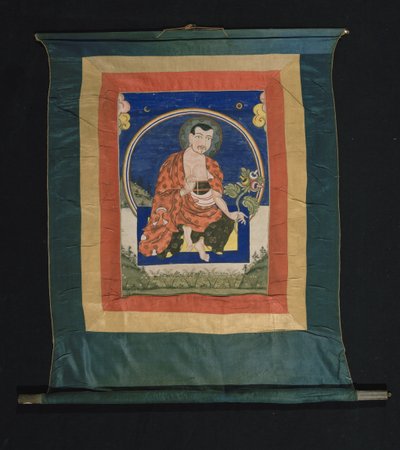 Thangka painting depicting Arhat in monks robes holding mala prayer beads in his right hand and the stem of a plant with leaves and three flowers in his left hand by Tibetan School